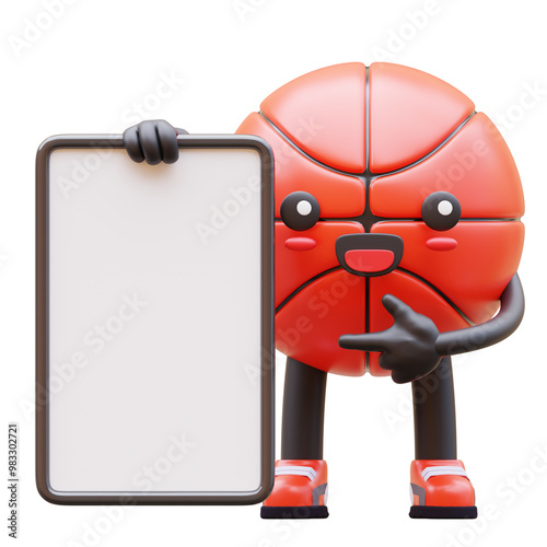 3D Basketball Character Holding Blank Advertisement Board Smiling Suitable For Marketing And Branding Purposes