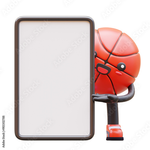 3D Basketball Character Holding Blank Advertisement Board With Cheerful Expression Suitable For Marketing And Branding Campaigns