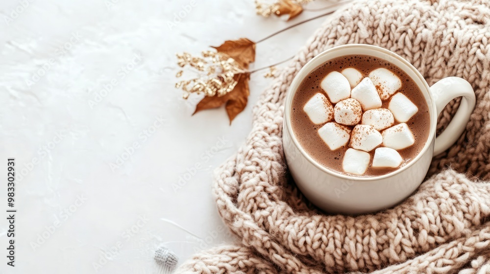 Warm, comfy sweater, mug of hot chocolate with marshmallows, and homey décor. A cozy, autumnal feeling. Top view, flat lay. Warm, comfy sweater, mug of hot chocolate with marshmallows, and homey décor. A cozy, autumnal feeling. Top view, flat lay.