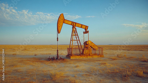 An oil pumpjack silhouetted against a vivid sunset, capturing the dramatic colors of the sky and the energy industry in a rural landscape
