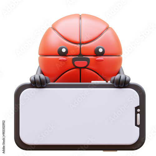 3D Basketball Character Holding Blank Smartphone Screen Smiling Suitable For Social Media Content And Marketing Campaigns