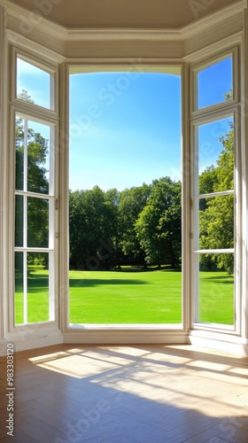 Looking out from a charming bay window, the bright summer day showcases a vivid blue sky and a green lawn, creating a serene and inviting atmosphere