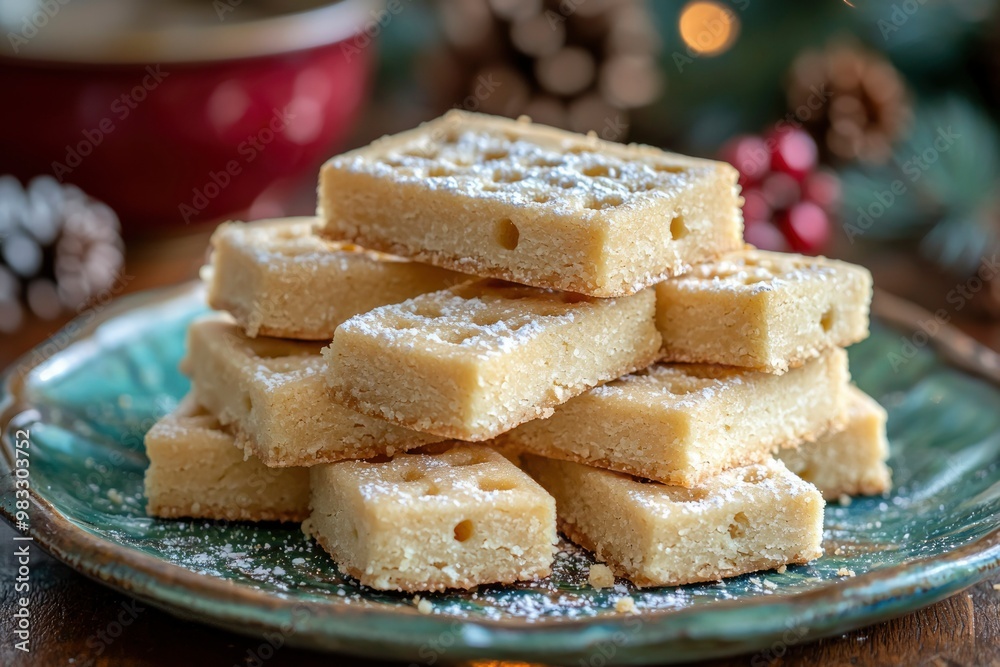 A Stack of Shortbread Cookies on a Blue and Green Plate A Stack of Shortbread Cookies on a Blue and Green Plate