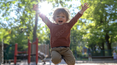 A child jumping in the air with arms raised, their face radiating pure excitement and joy. The bright outdoor scene, set in a park or playground, enhances the carefree, joyful moment.
