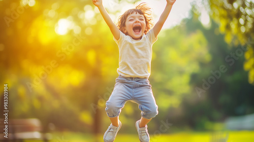 A child jumping in the air with arms raised, their face radiating pure excitement and joy. The bright outdoor scene, set in a park or playground, enhances the carefree, joyful moment.