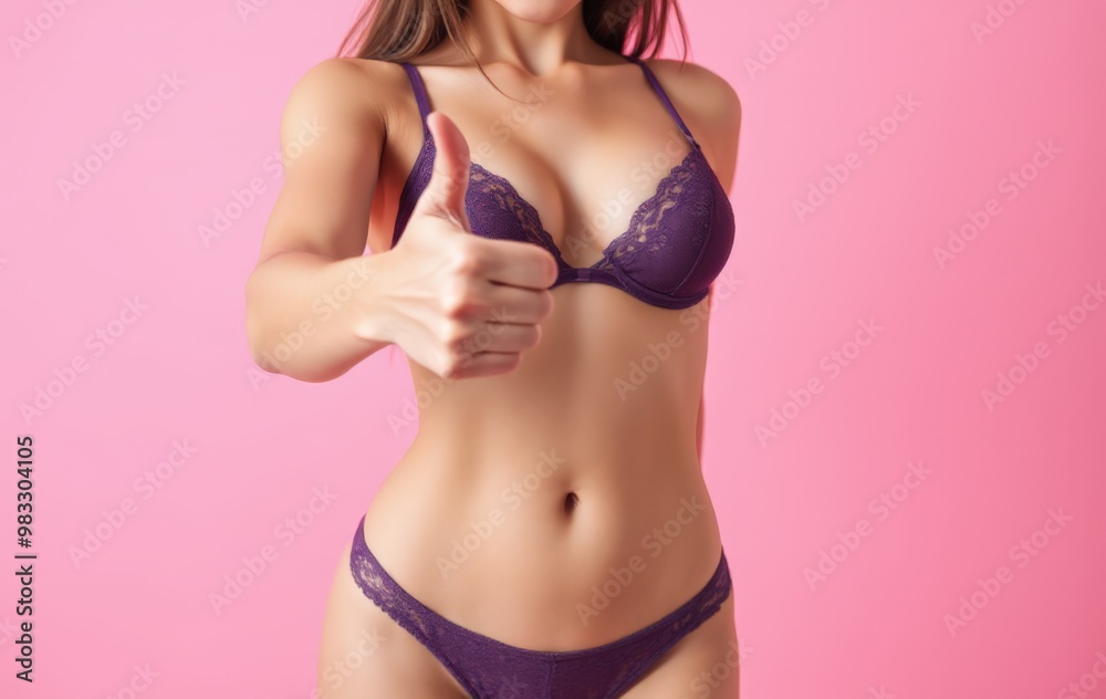 Lingerie Model Giving a Thumbs Up on Pink Background Lingerie Model Giving a Thumbs Up on Pink Background