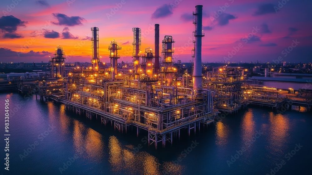 Obraz premium Twilight Glow at Industrial Oil Refinery Plant by Waterfront