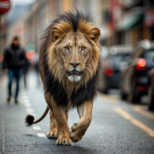 A lion walking through the city.