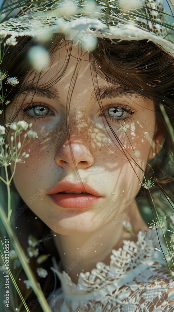 Close Up Portrait of a Woman with Freckles in a Field of Flowers Close Up Portrait of a Woman with Freckles in a Field of Flowers