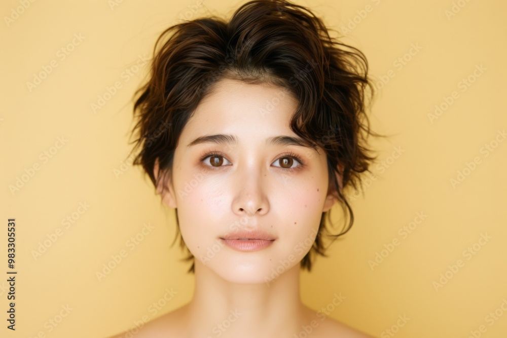 Radiant Young Asian Woman with Natural Beauty on Golden Background Radiant Young Asian Woman with Natural Beauty on Golden Background