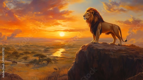 A majestic lion stands on a rock at sunset, overlooking the African savanna. photo