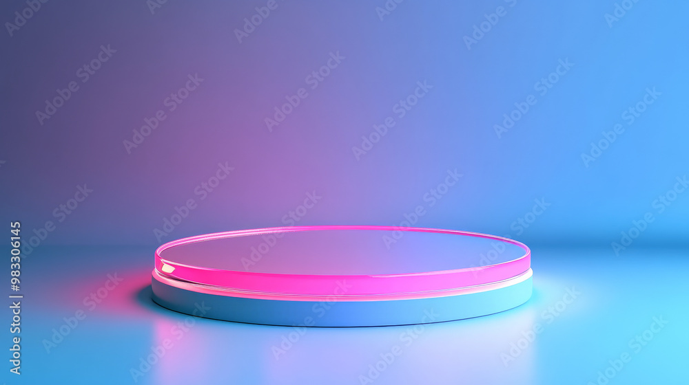 A futuristic 3D platform with a translucent pedestal and neon pink accents, set on a gradient blue background, perfect for modern product displays. A futuristic 3D platform with a translucent pedestal and neon pink accents, set on a gradient blue background, perfect for modern product displays.