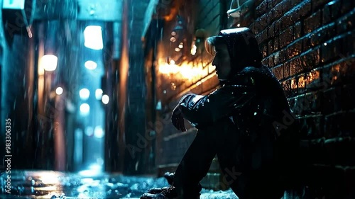 Lonely depressed person sitting crying in sadness and solitude, portrays a harrowing story of life's struggles with homelessness and substance battles - Video made using Generative AI.