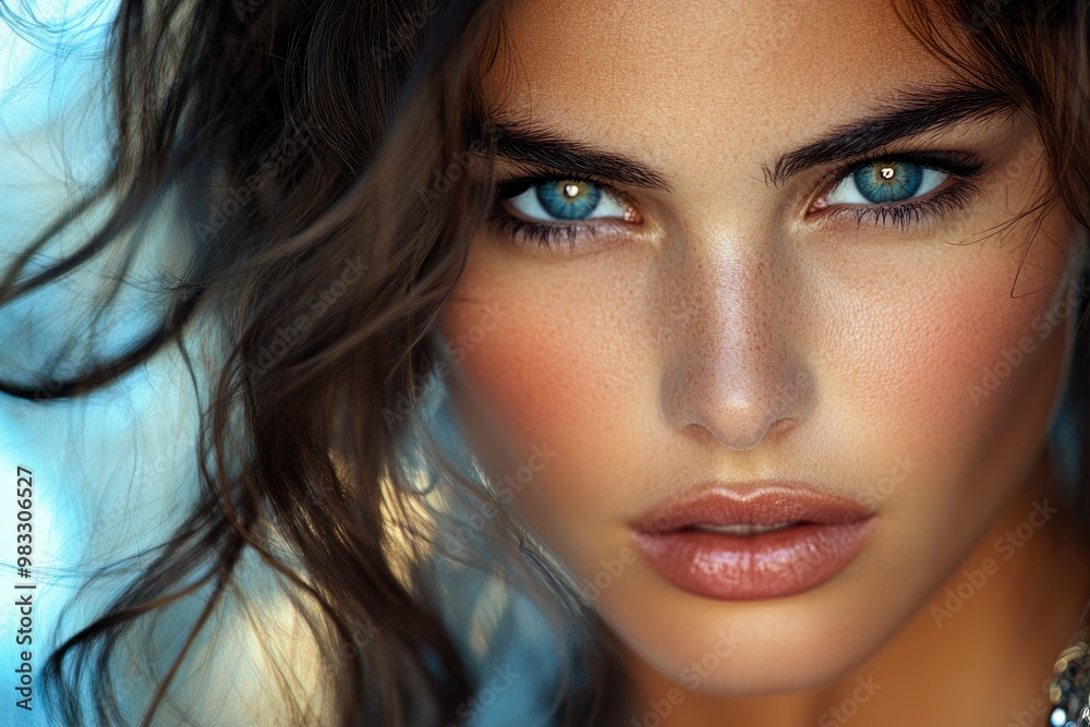 Close-up Portrait of a Woman with Blue Eyes and Long Brown Hair Close-up Portrait of a Woman with Blue Eyes and Long Brown Hair