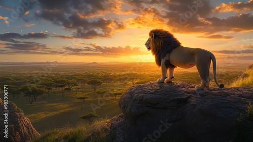 A powerful lion stands on a rock overlooking a vast savanna at sunset, showcasing the beauty and majesty of the African wilderness.