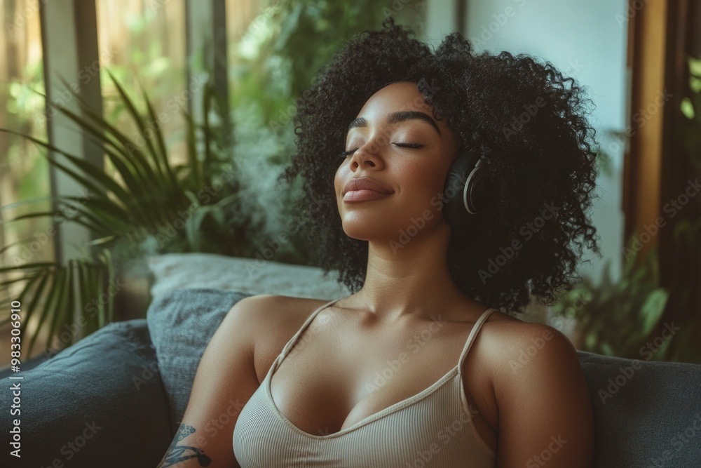 A Young Woman Relaxing With Headphones On While Sitting On a Couch A Young Woman Relaxing With Headphones On While Sitting On a Couch