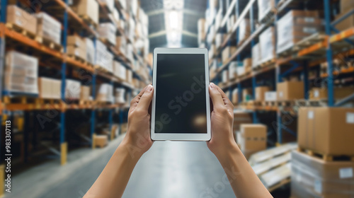 Hands holding a tablet with a logistics management app on screen, surrounded by shelves filled with boxes in a modern warehouse, showcasing technology in supply chain operations. 