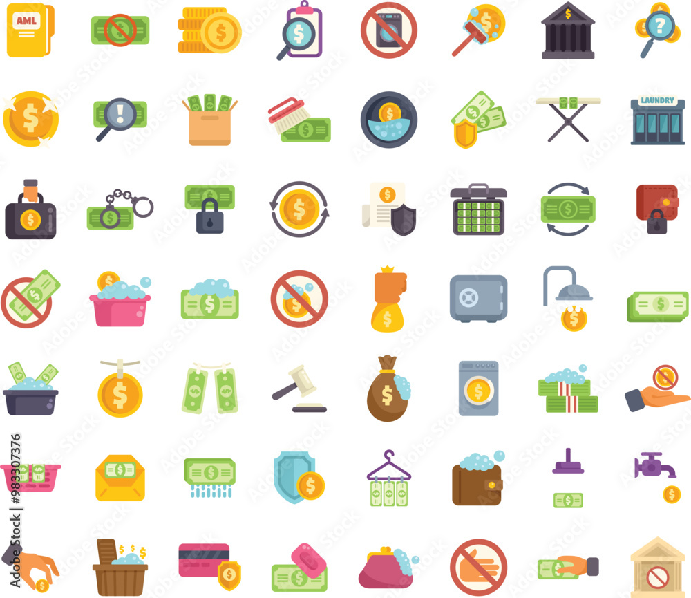 Money laundering scheme presenting hiding illegal cash as legitimate income with laundering finance operation icons set vector illustration