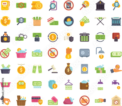 Money laundering scheme presenting hiding illegal cash as legitimate income with laundering finance operation icons set vector illustration