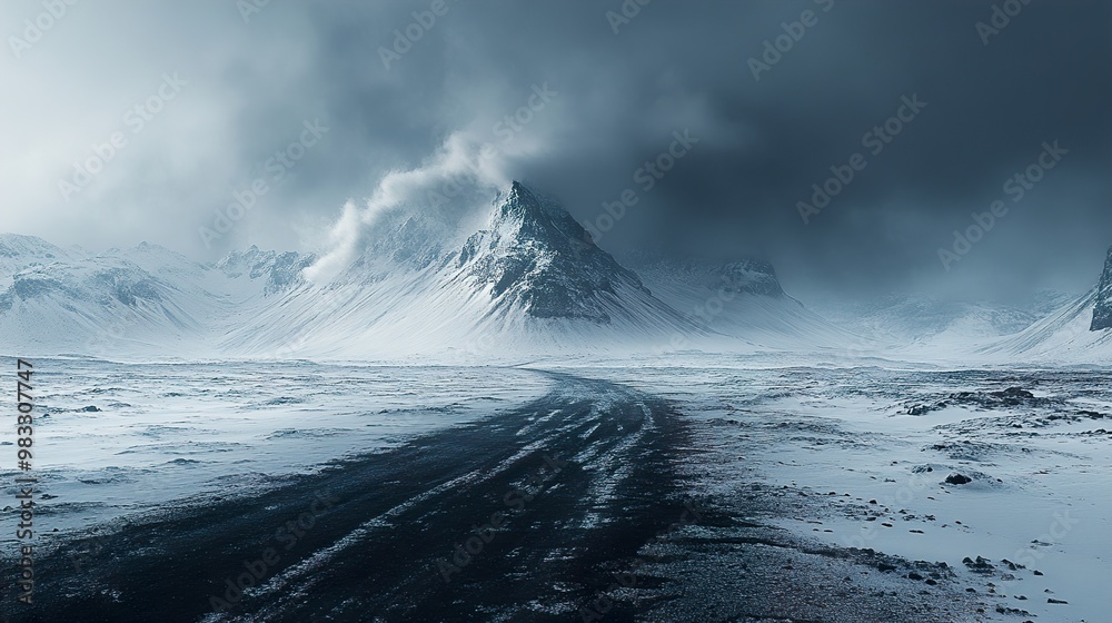 Snowy Mountain Landscape with Road in Iceland Snowy Mountain Landscape with Road in Iceland