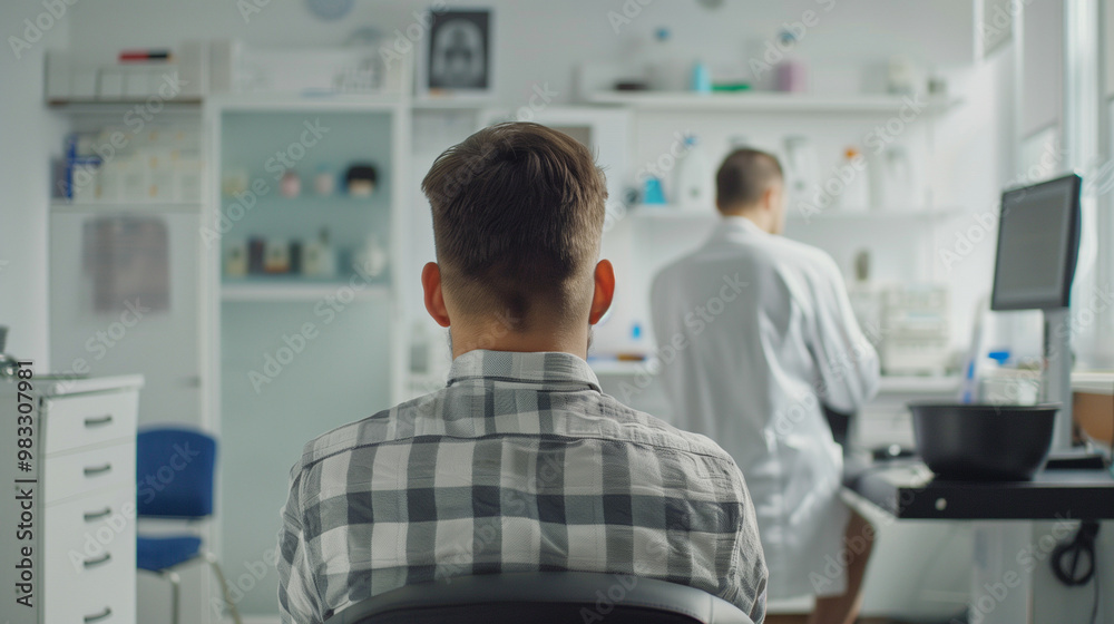 Obraz premium A man waits in a medical office for a consultation with a doctor, emphasizing health and medical check-ups. Professional healthcare setting in a clinical environment.