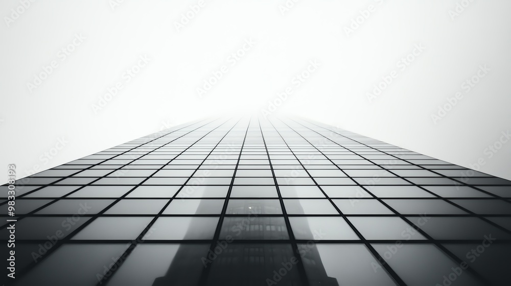 A skyscraper's facade with a grid pattern of windows disappears into a hazy sky. A skyscraper's facade with a grid pattern of windows disappears into a hazy sky.