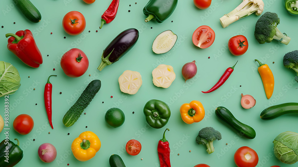 A flat lay of fresh vegetables, arranged in a colorful pattern. A flat lay of fresh vegetables, arranged in a colorful pattern.