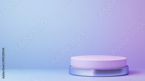 A soft pastel purple podium with a silver round pedestal, placed against a gradient blue background, featuring gentle lighting for luxury product presentation.