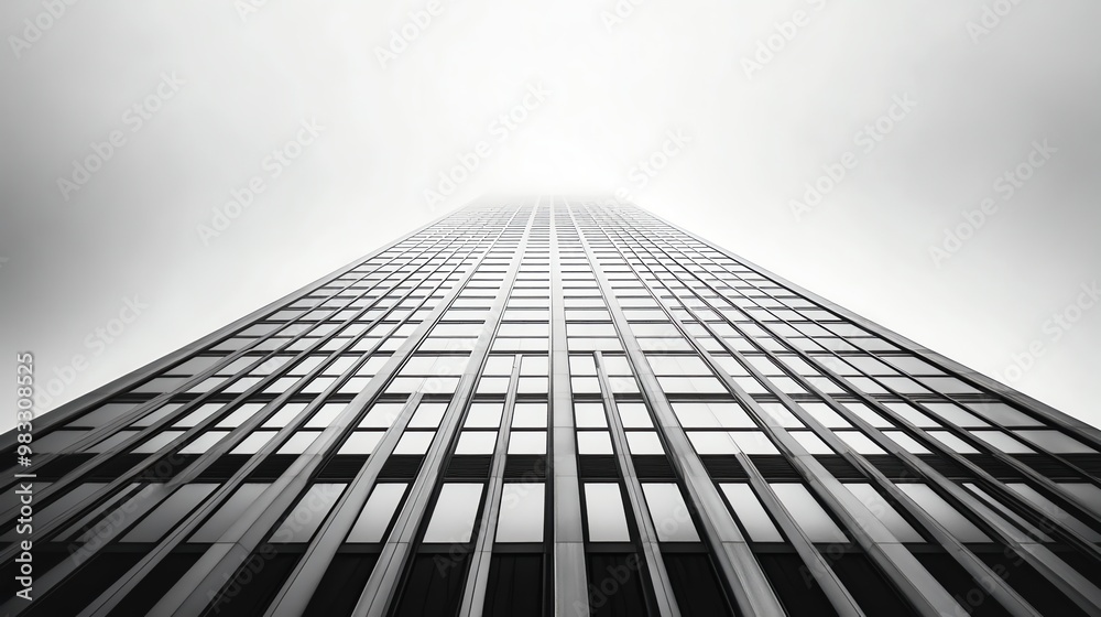 A black and white photo of a skyscraper reaching for the sky.