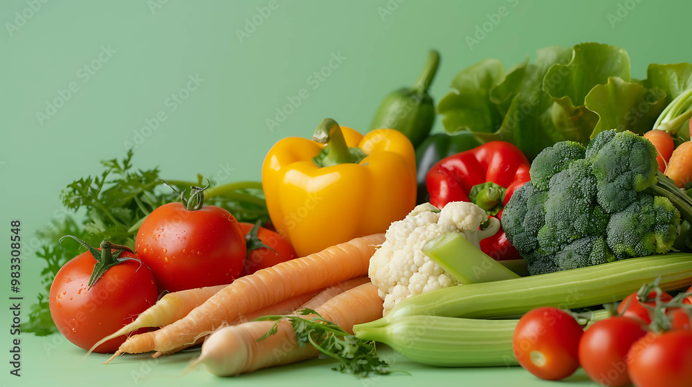 Assortment of fresh vegetables on green background. Assortment of fresh vegetables on green background.