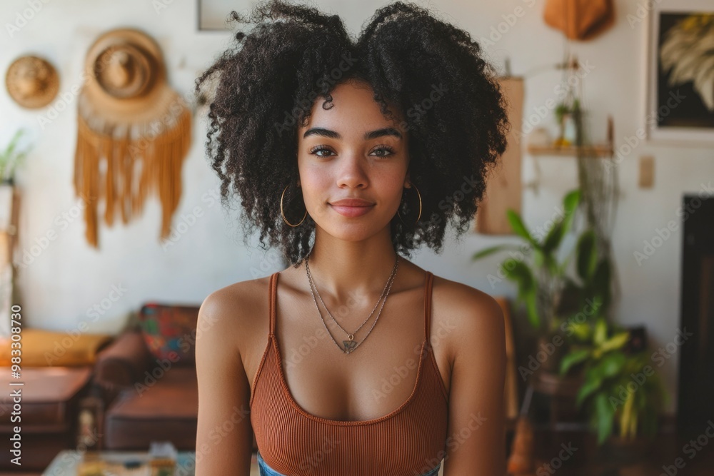 Portrait of a Young Woman with Curly Hair and a Brown Tank Top Portrait of a Young Woman with Curly Hair and a Brown Tank Top