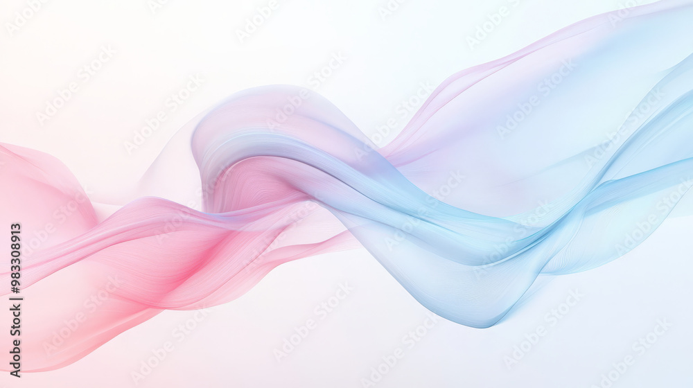 Fototapeta premium Smooth, pastel-colored lines in shades of light pink and blue gently flowing over a soft white background, creating a calming and minimalistic abstract design.