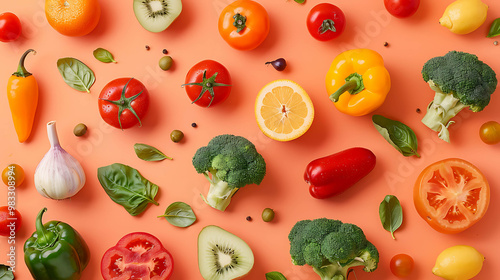 Colorful and healthy vegetables and fruits lay on an orange background.