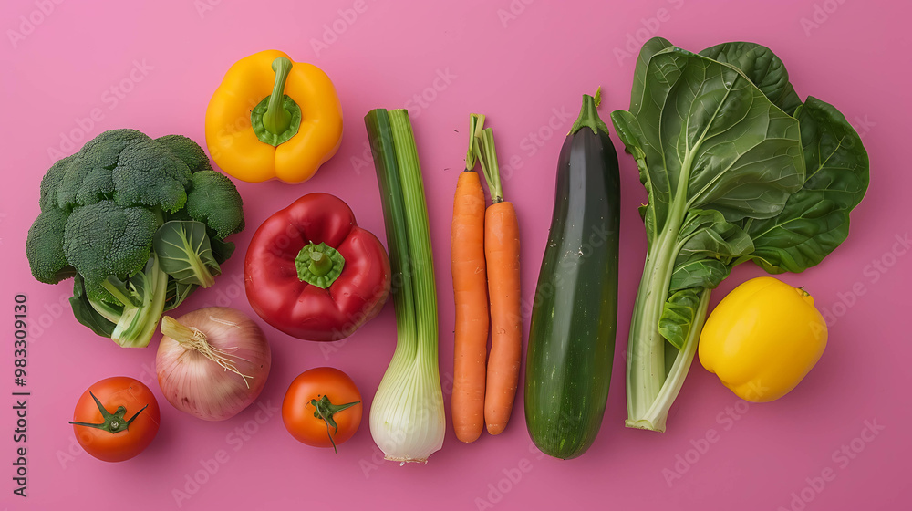 Fresh vegetables lined up on a pink background. Fresh vegetables lined up on a pink background.