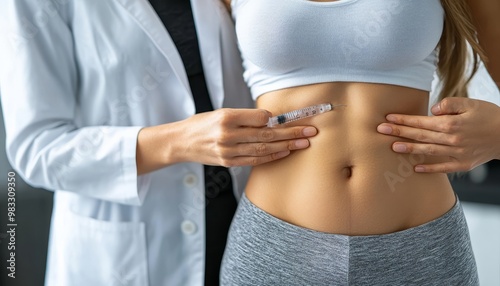 Woman Receiving Insulin Injection in Abdomen from Healthcare Professional, Close Up View