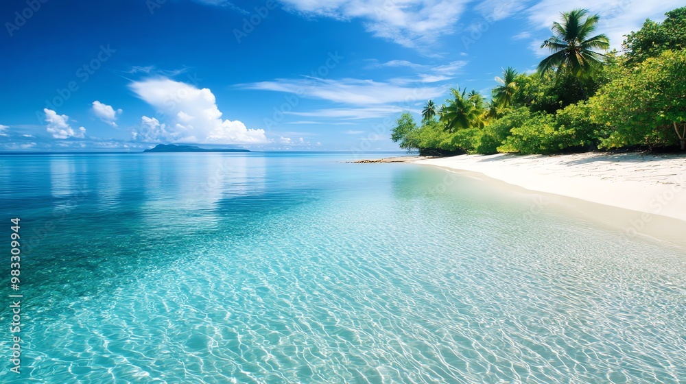 Fototapeta premium A tropical beach with crystal clear water and white sand.
