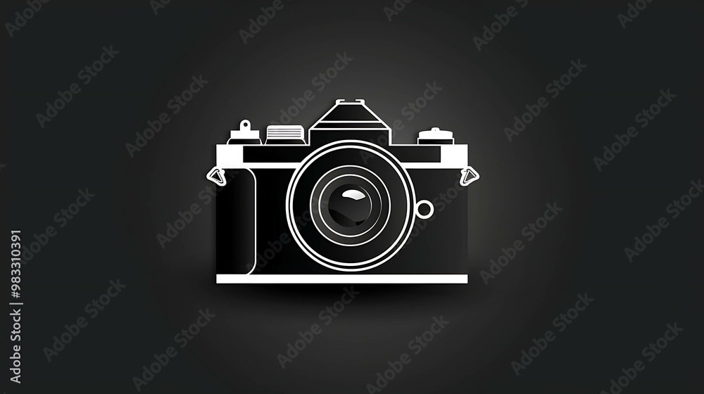 A simple black and white outline of an old school camera on a black background. A simple black and white outline of an old school camera on a black background.