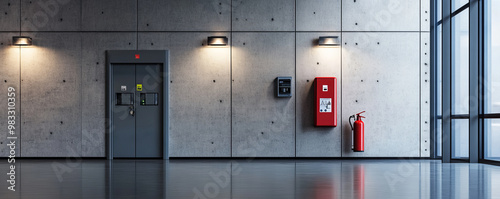 Modern and clean 3D design featuring concrete wall with an elevator, fire extinguisher, and safety equipment. space is well lit, creating professional atmosphere