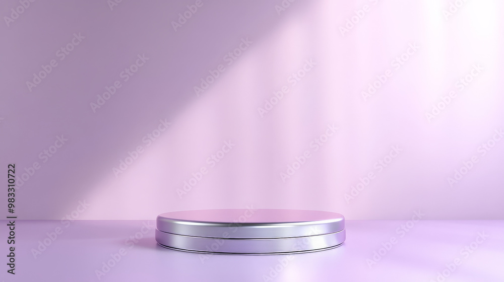 Soft pink podium with a silver round pedestal, placed against a delicate lavender gradient background with subtle lighting for luxury product display.