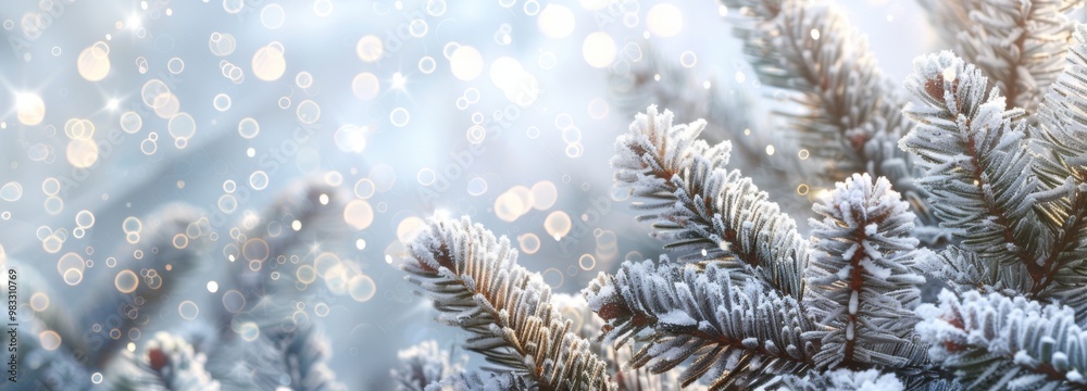 Christmas background. Xmas tree with snow decorated with garland lights, holiday festive background. Widescreen frame backdrop. New year Winter art design, Christmas scene wide screen holiday border Christmas background. Xmas tree with snow decorated with garland lights, holiday festive background. Widescreen frame backdrop. New year Winter art design, Christmas scene wide screen holiday border