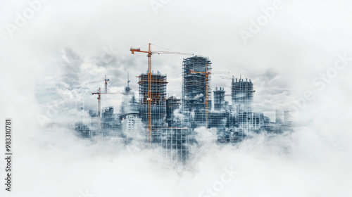 A visionary city is being built with construction cranes towering over foggy skyline, showcasing progress of urban development and innovation
