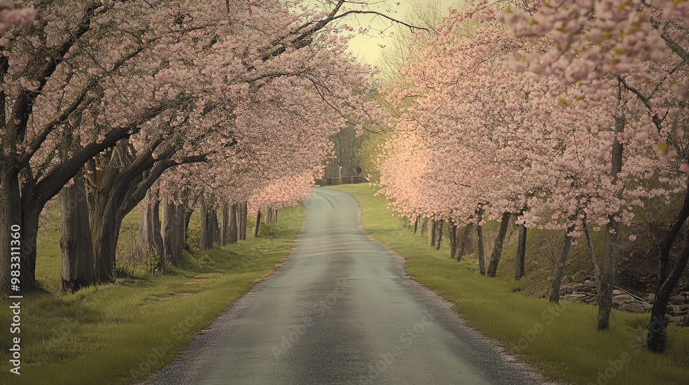 Fototapeta premium A winding road lined with cherry blossom trees in full bloom.