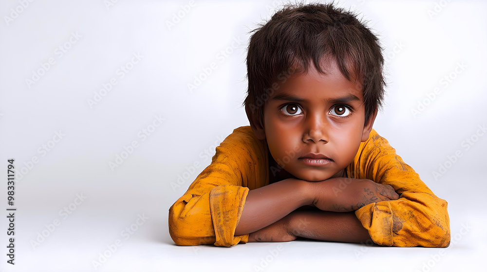 A young Australian Aboriginal boy wearing a yellow shirt rests his arms and gazes seriously into the camera, conveying innocence and thoughtfulness. A young Australian Aboriginal boy wearing a yellow shirt rests his arms and gazes seriously into the camera, conveying innocence and thoughtfulness.