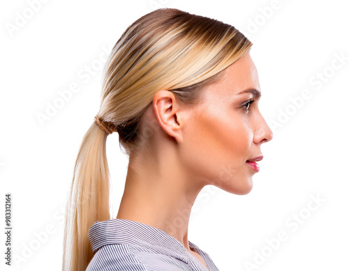 A close-up side view of a beautiful blonde woman with no background.