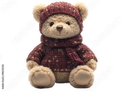  A teddy bear dressed in a cozy knitted sweater and scarf, exuding warmth and charm in a delightful display.