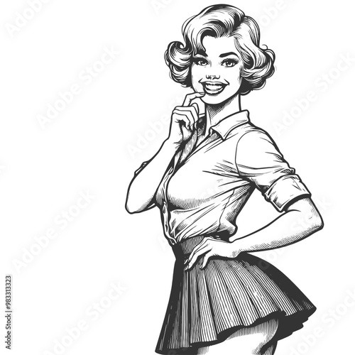 Playful smiling beautiful young woman flirty biting her little finger sketch engraving generative ai fictional character vector illustration. Scratch board imitation. Black and white image.