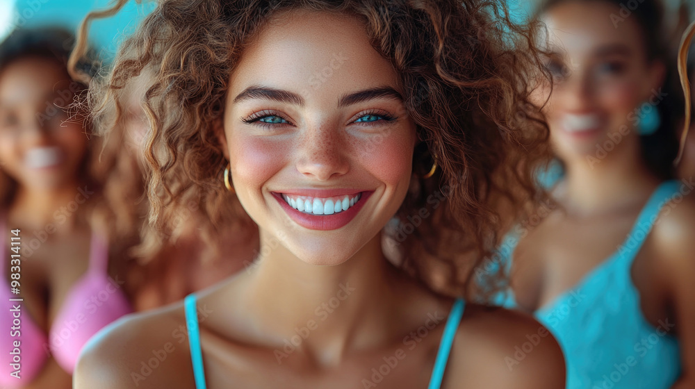 A young woman with curly hair beams joyfully while friends stand behind her, capturing a moment of summer happiness by the water A young woman with curly hair beams joyfully while friends stand behind her, capturing a moment of summer happiness by the water