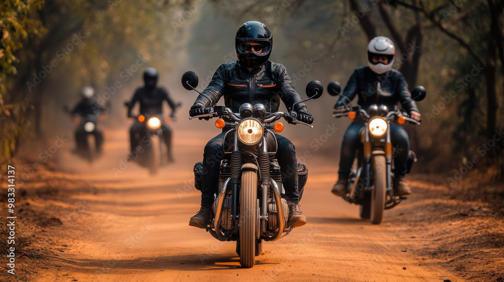 A group of people riding motorcycles down a dirt road A group of people riding motorcycles down a dirt road