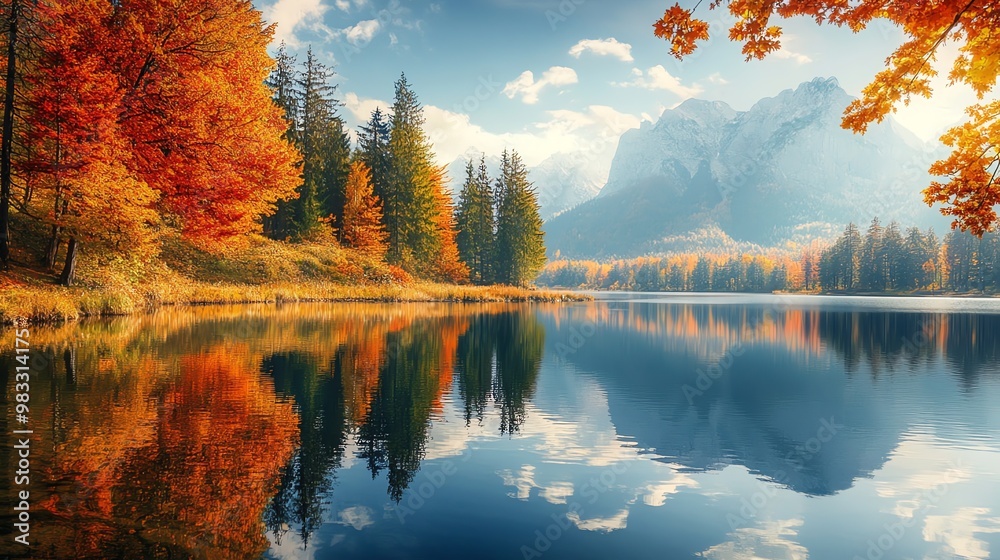 Fototapeta premium Stunning view of a tranquil mountain lake in autumn, with vibrant fall foliage reflecting in the water.