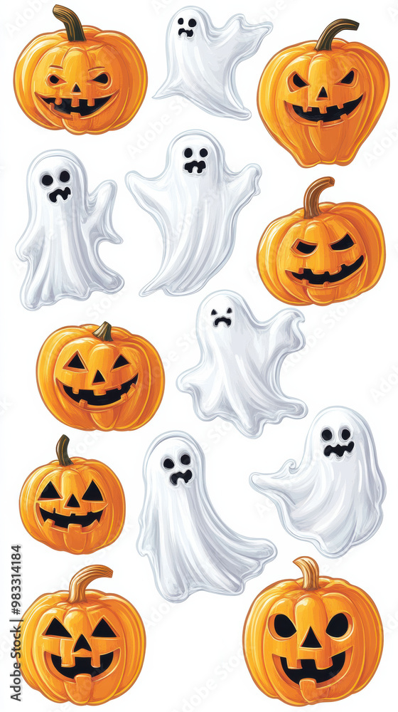 A group of halloween pumpkins with ghost faces A group of halloween pumpkins with ghost faces